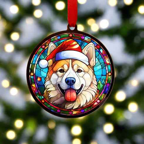 Akita in Santa Hat Suncatcher Decoration
